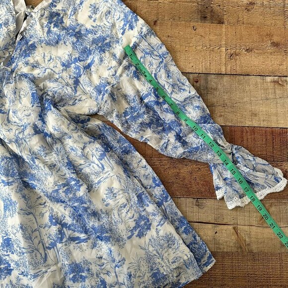 BTFL-life Vintage Blue & White Floral Dress With Puffed Sleeves & Lace Trim - Picture 8 of 11